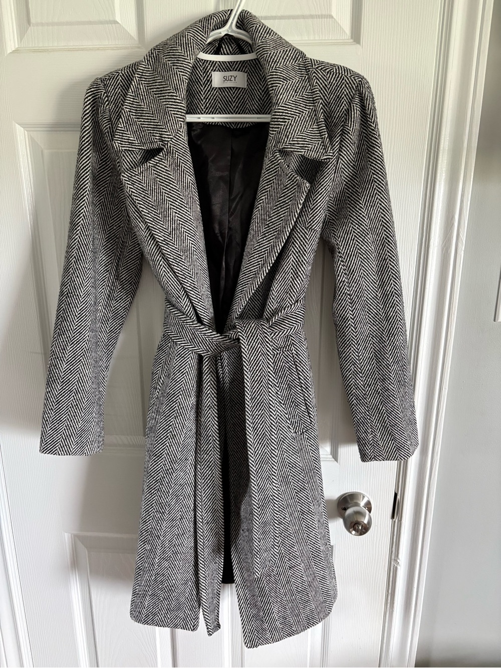 Black & White Herringbone Belted Wool-Blend Coat XS